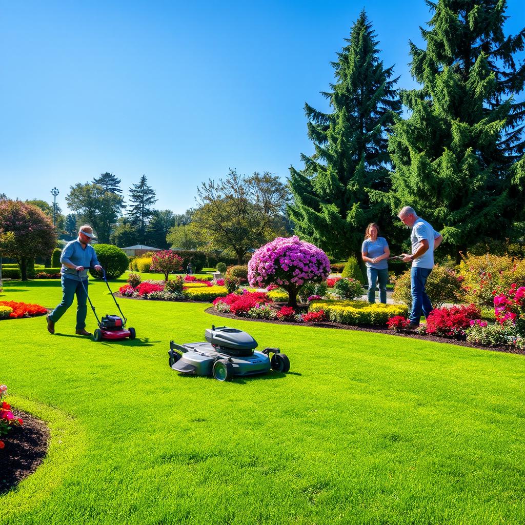 A picturesque landscape maintenance scene showcasing a team of diverse landscape gardeners