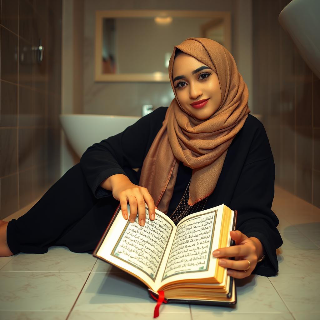 A beautiful Muslim woman with dimples, 33 years old, of Arab Indonesian descent with fair skin and a slender figure