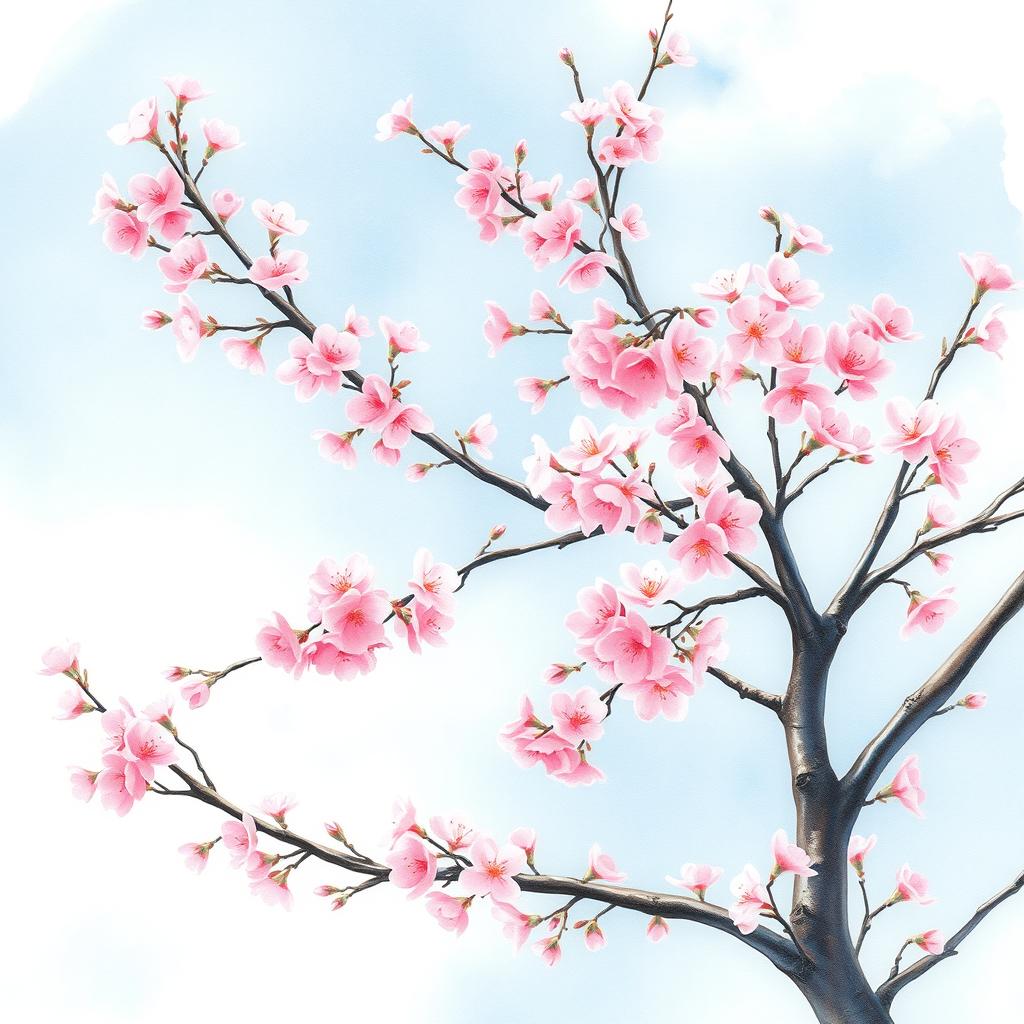 A beautiful watercolor painting of a cherry blossom tree in full bloom, showcasing delicate pink flowers against a soft blue sky