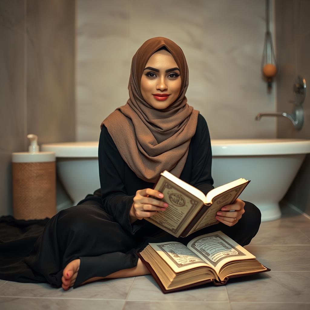 A beautiful Muslim woman with dimples, 33 years old, of Arab Indonesian descent, with fair skin and a slender figure