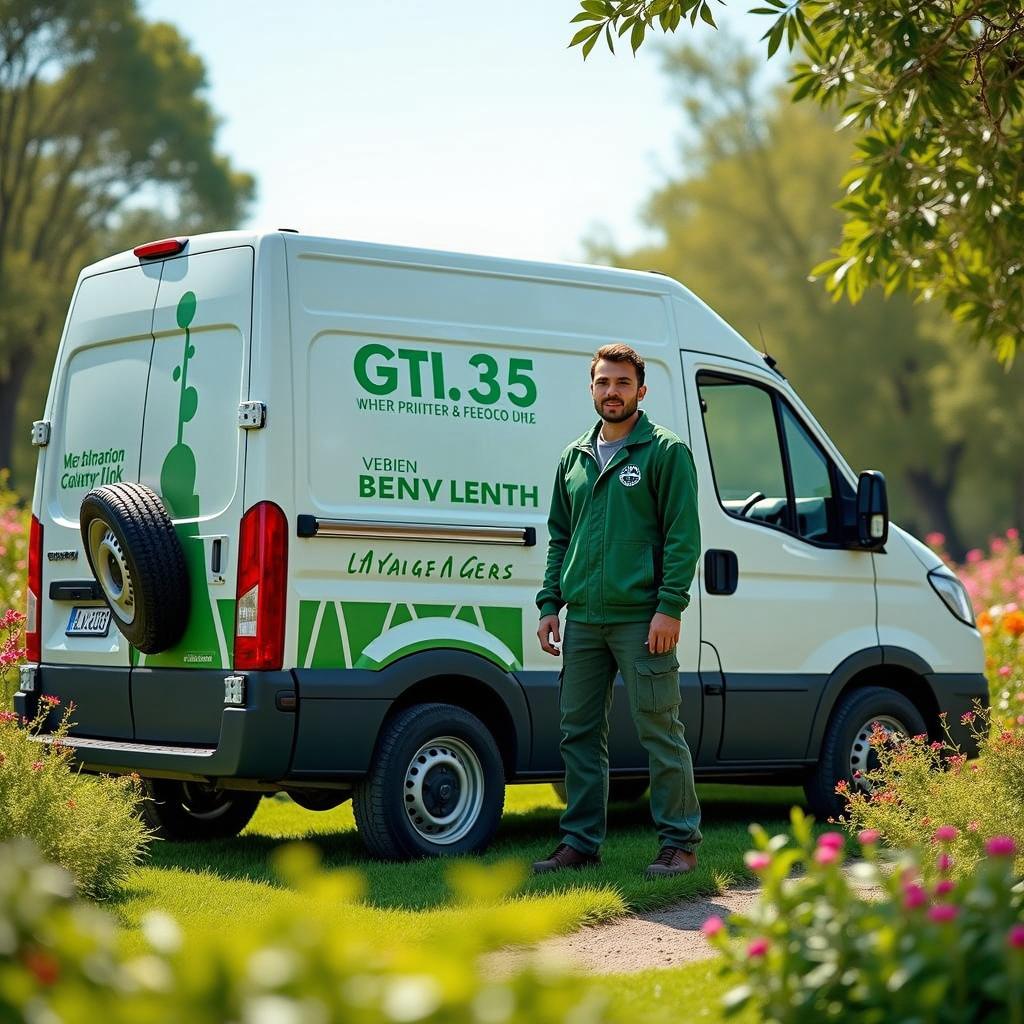 A cheerful landscaper stands next to a modern, white delivery van adorned with a colorful wrap featuring lush green grass and vibrant flowers