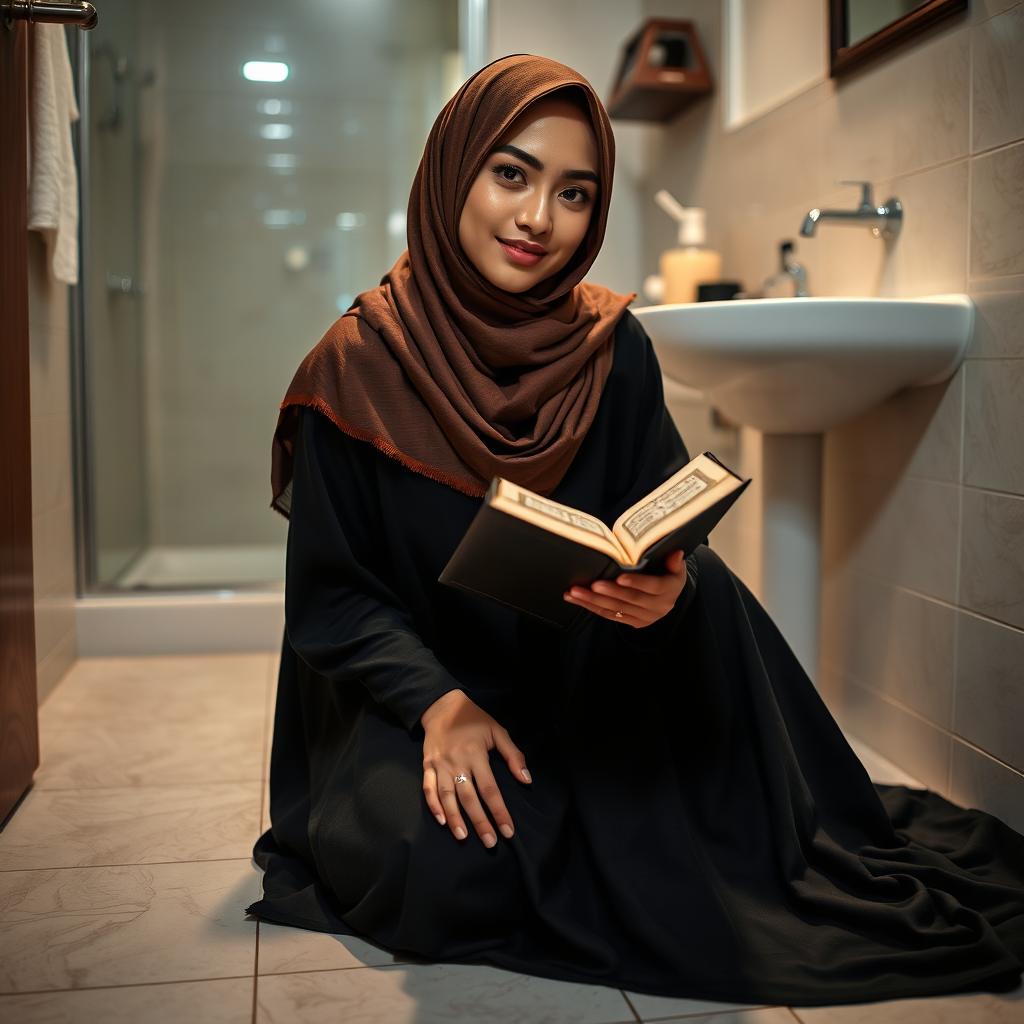 A beautiful Muslim woman with dimples, 33 years old, of Arab Indonesian descent with fair skin and a slender figure