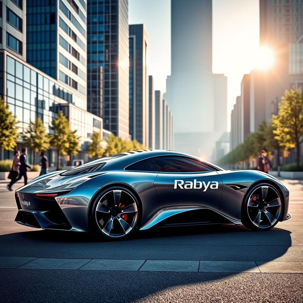 A sleek and modern-designed company car representing Rabya Company, featuring a futuristic aesthetic with smooth curves and a shiny metallic finish