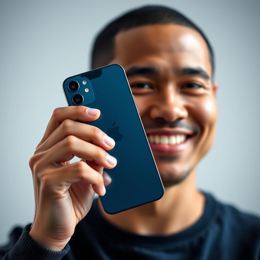 A close-up portrait of a person confidently holding the new iPhone 15 in one hand