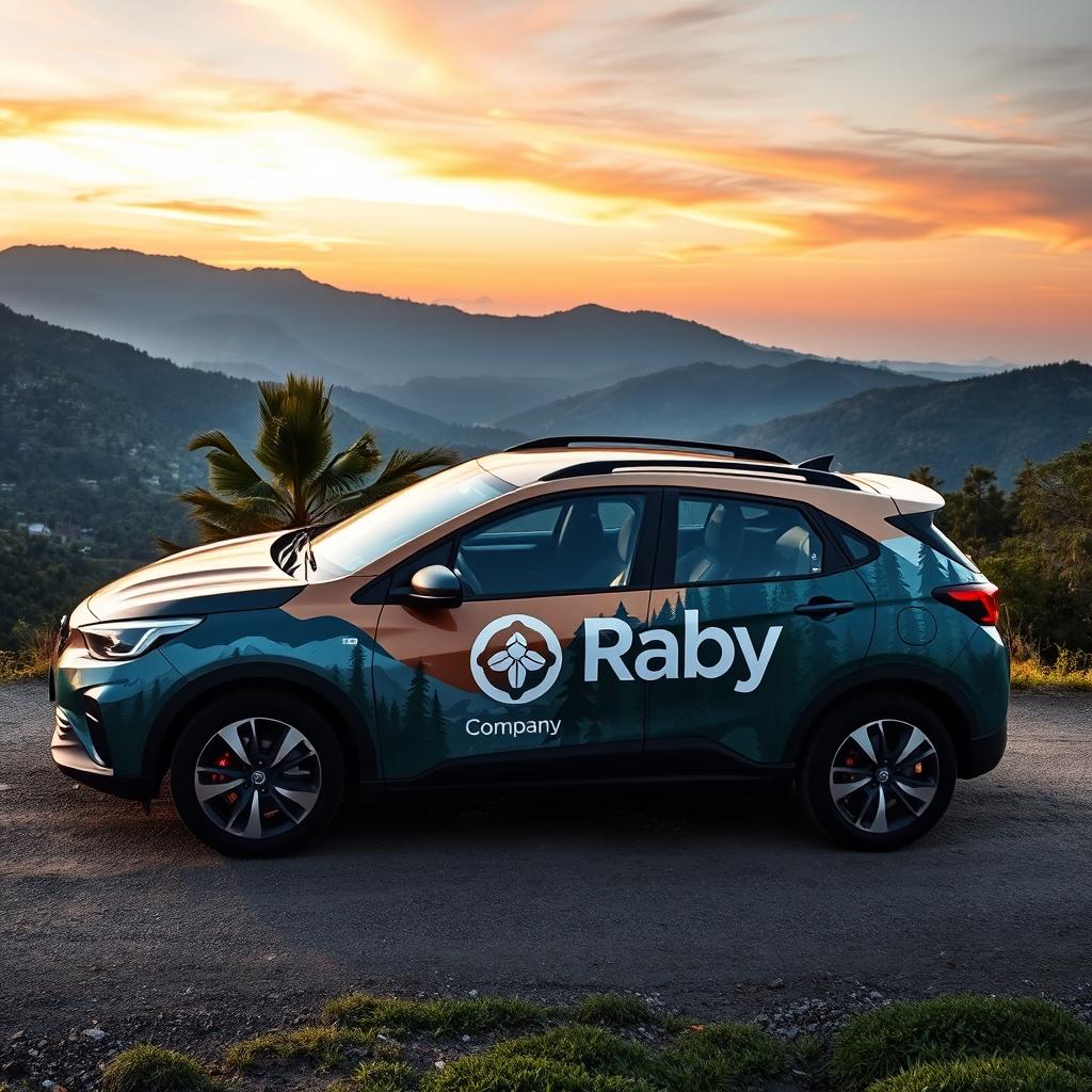 A modern landscape-themed car representing Rabya Company, featuring a creative design that incorporates natural elements such as mountains and forests as part of its exterior graphics