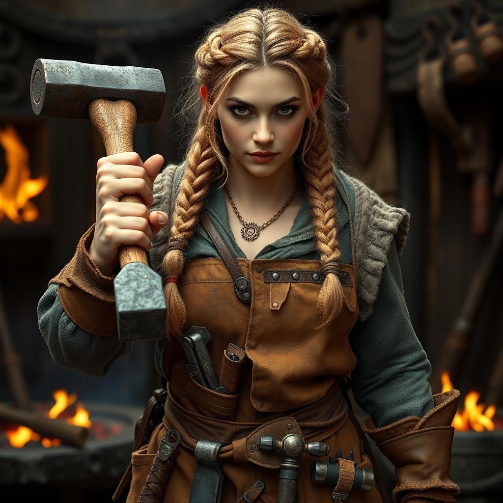 A female dwarf smith with light brown braided hair adorned with golden rings, showcasing her rugged and industrious character