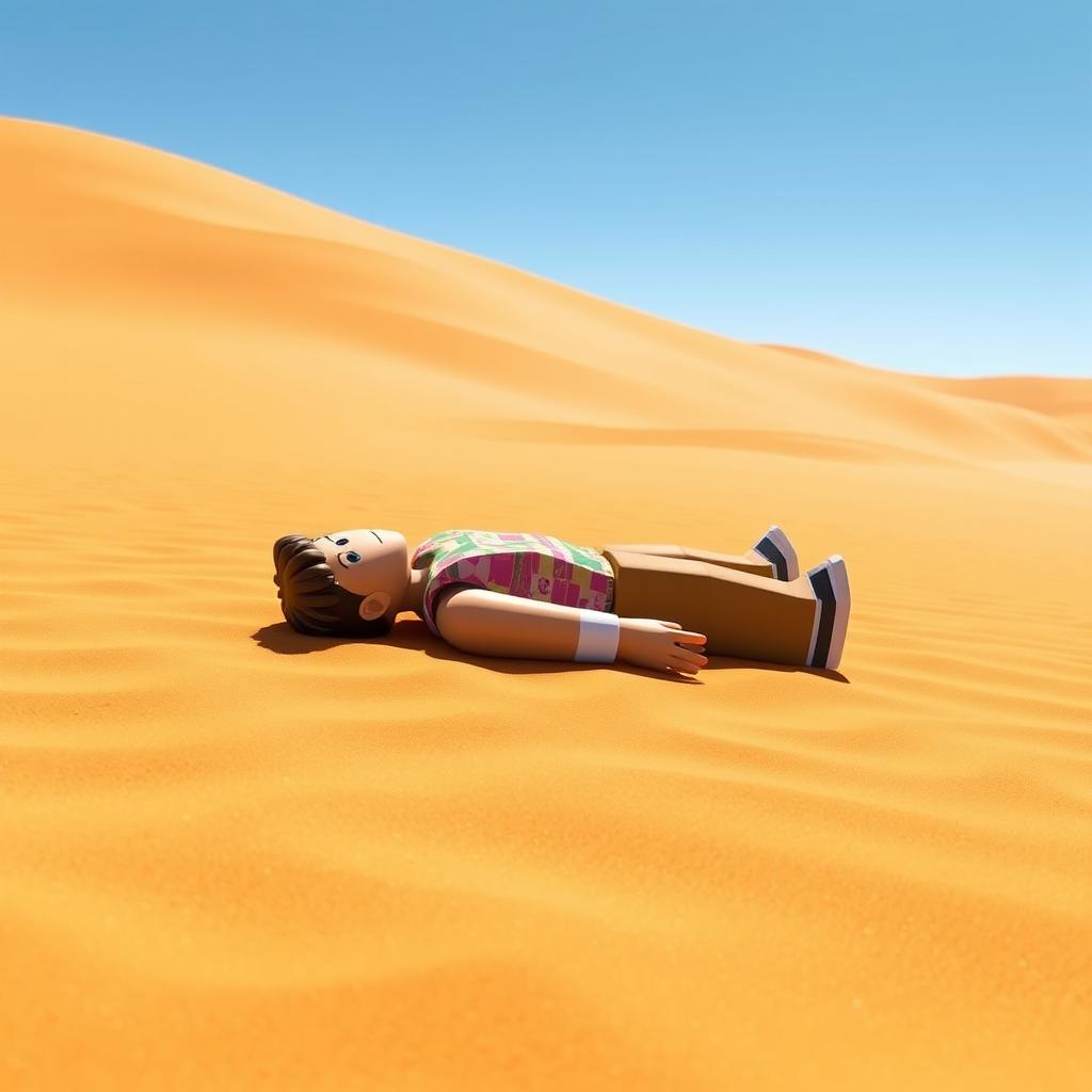 A Roblox character lying face down in a vast desert landscape, with golden sand dunes stretching out in all directions under a clear blue sky