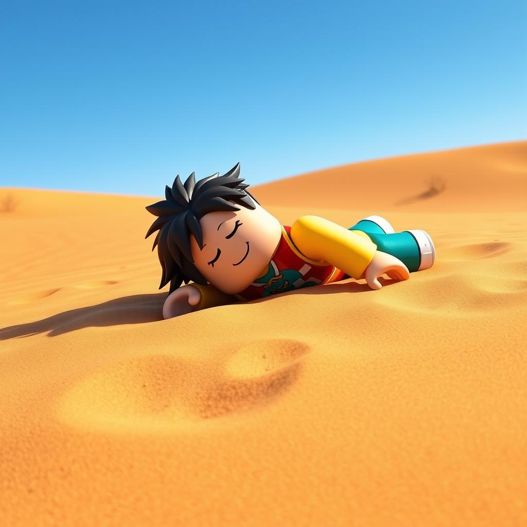 A blocky-style Roblox character lying face down on the warm desert sand, clearly exhausted from walking