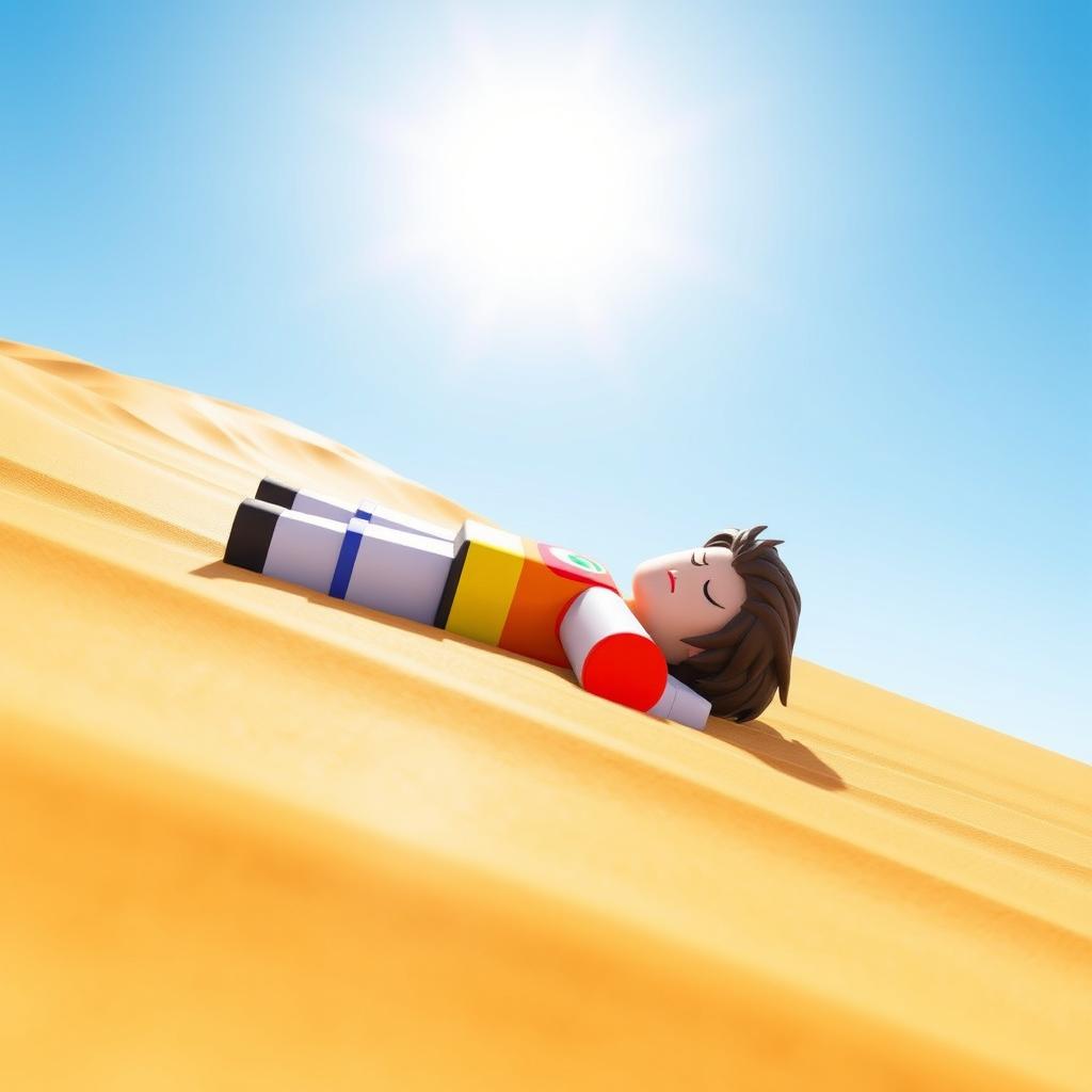 A blocky-style Roblox character lying face down in the warm desert sand, clearly tired from walking