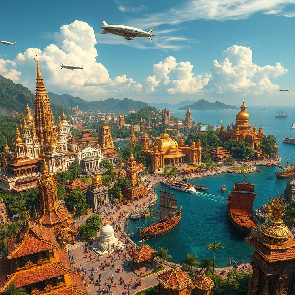 A breathtaking futuristic Indonesia that has remained untouched by colonialism, showcasing a blend of Majapahit and Srivijaya cultural influences with advanced technology
