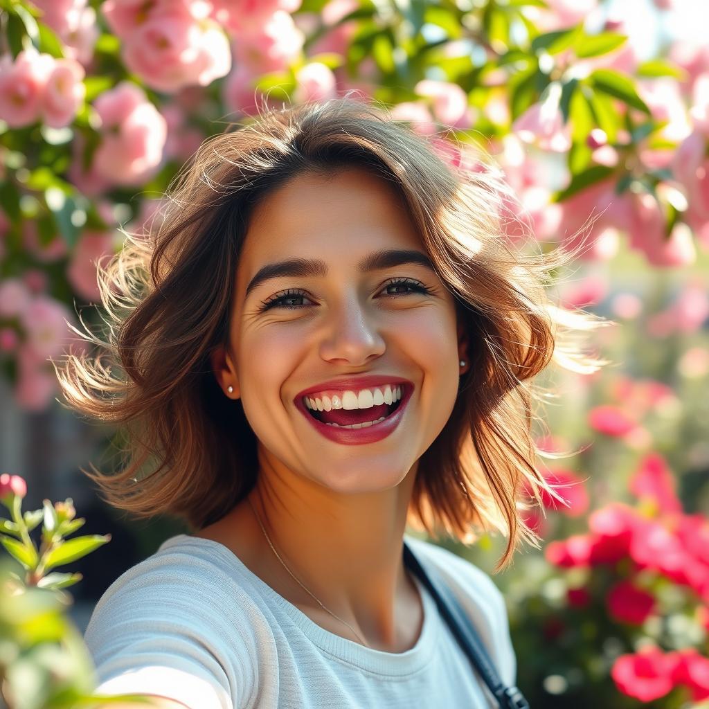 a joyful woman with a wide smile, her eyes sparkling with happiness, in a vibrant outdoor setting, surrounded by blooming flowers and greenery, sunlight shining through the leaves, enhancing her cheerful expression, wearing a casual yet stylish outfit, with soft breeze gently tousling her hair, capturing the essence of a carefree moment