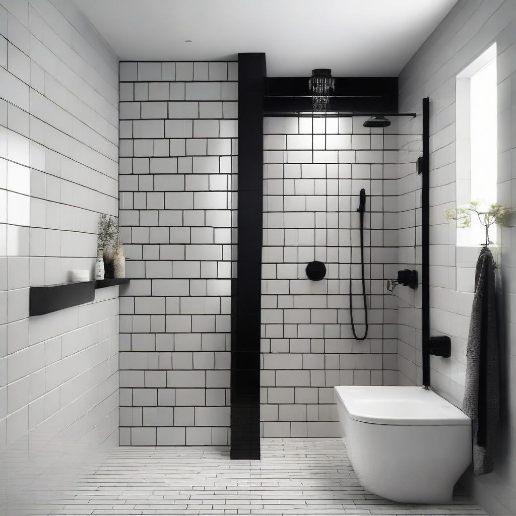 A contemporary bathroom with three grey walls and one vertical glossy white brick wall. The features include a black shower and tap.