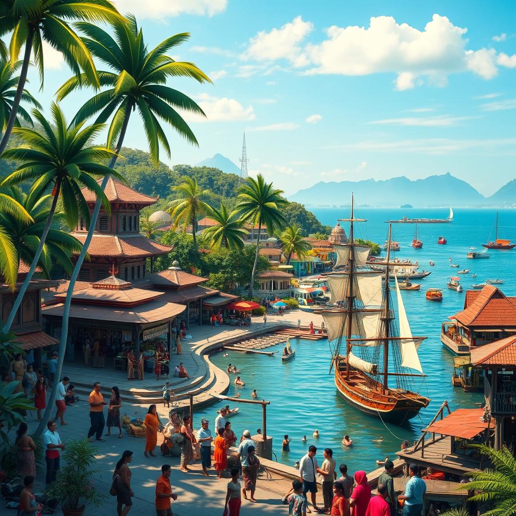 A vibrant, utopian Indonesia without colonialism, showcasing lush tropical landscapes and a thriving urban environment