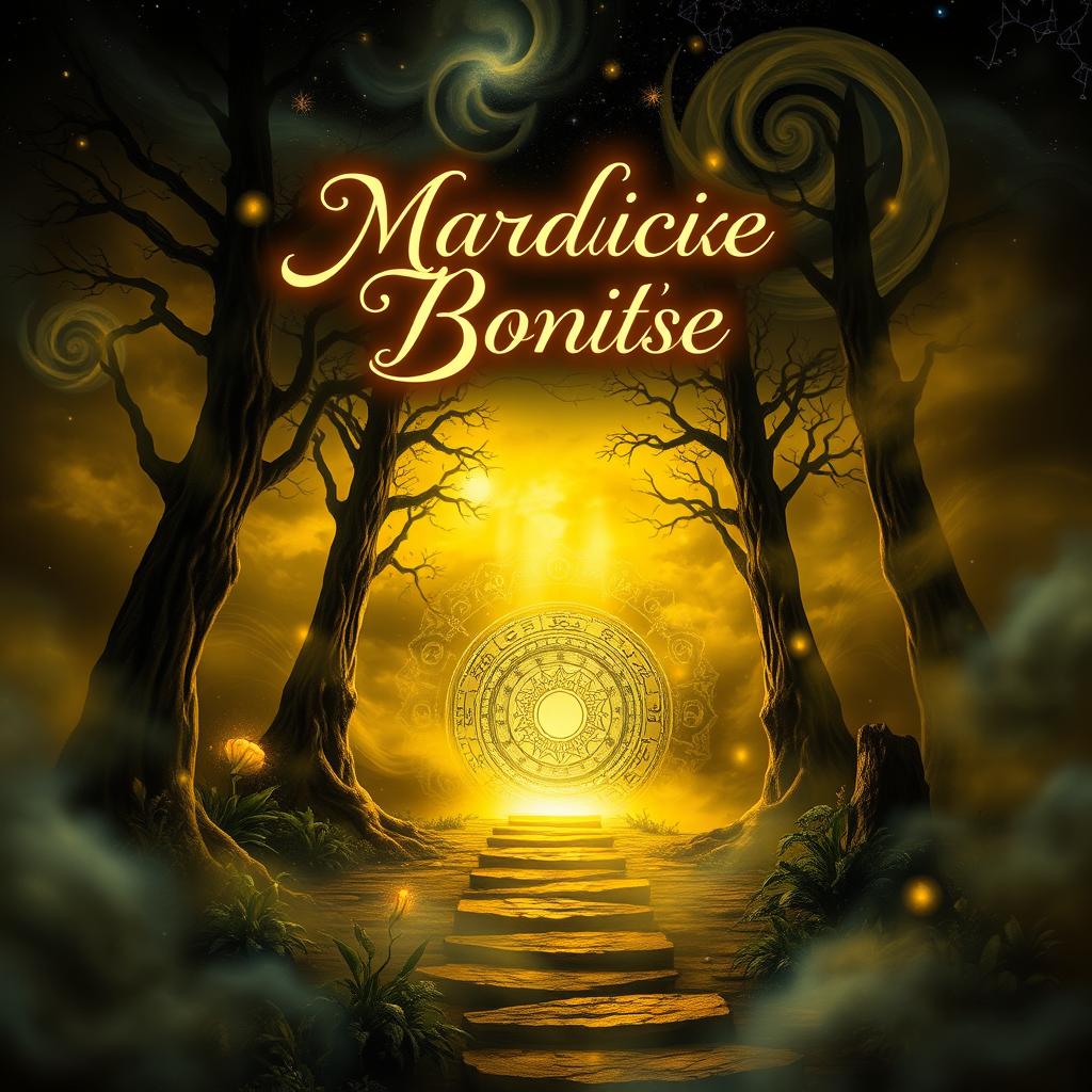 A fantastical and mysterious book cover featuring a dark and magical scene shrouded in golden fog and mystical energy