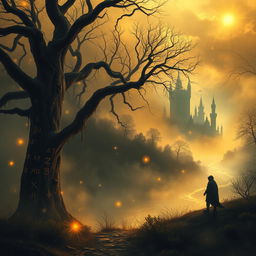 A captivating and mysterious fantasy book cover, featuring a magical and dark landscape shrouded in golden mist and mystical energy
