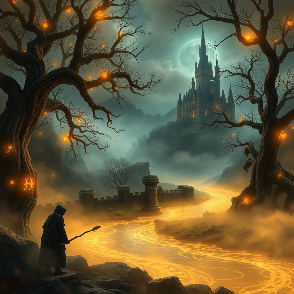 A captivating and mysterious fantasy book cover, featuring a magical and dark landscape shrouded in golden mist and mystical energy