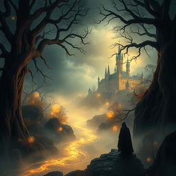 A captivating and mysterious fantasy book cover, featuring a magical and dark landscape shrouded in golden mist and mystical energy