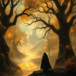 A captivating and mysterious fantasy book cover, featuring a magical and dark landscape shrouded in golden mist and mystical energy