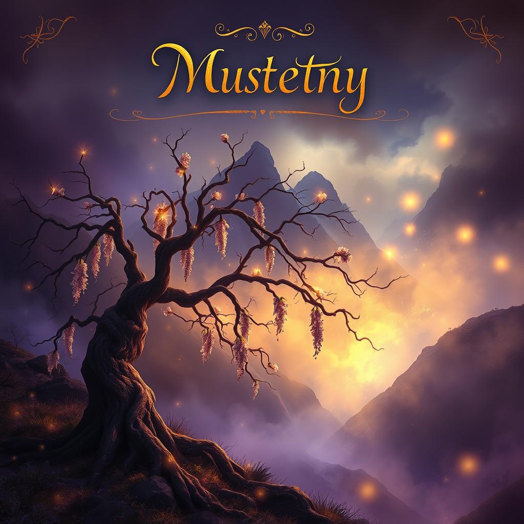 A mystical and dark fantasy book cover that features a mysterious landscape surrounded by golden mist and swirling mystical energy