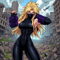 A powerful female villain with long dirty blonde hair, styled dramatically, wearing Bakugo's purple grenade bracers