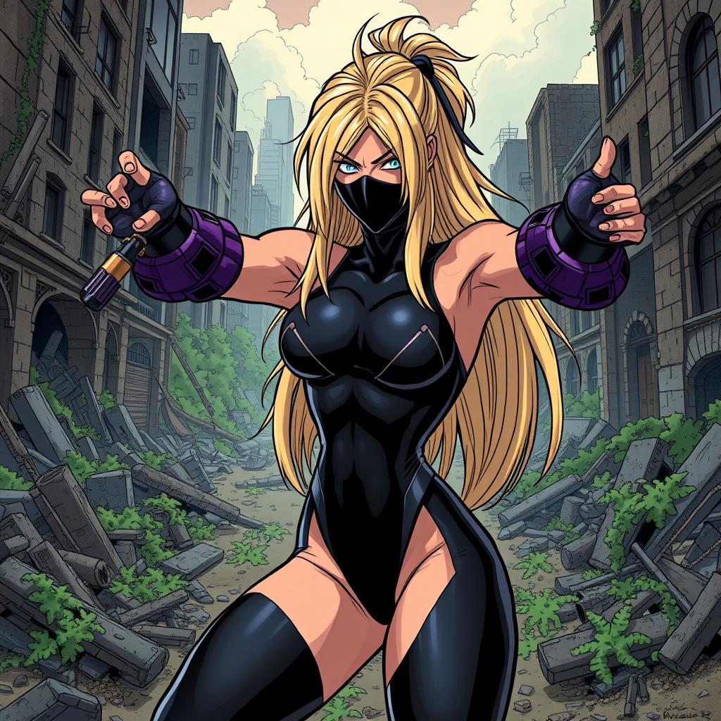 A powerful female villain with long dirty blonde hair, styled dramatically, wearing Bakugo's purple grenade bracers