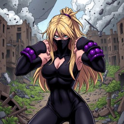 A powerful female villain with long dirty blonde hair, styled dramatically, wearing Bakugo's purple grenade bracers