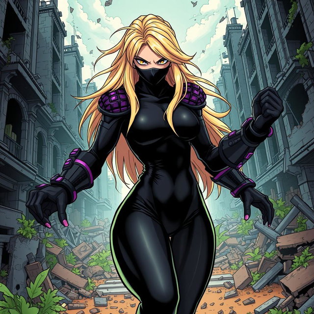 A powerful female villain with long dirty blonde hair, styled dramatically, wearing Bakugo's purple grenade bracers