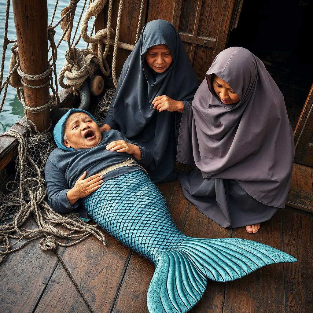 A realistic photograph of two Indonesian Javanese grandmothers wearing hijabs, portraying a dramatic scene on a wooden ship