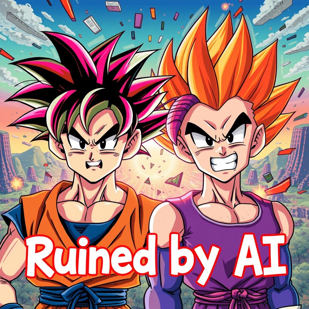A humorous reinterpretation of Dragon Ball Z featuring iconic characters Goku and Vegeta in a chaotic, AI-ruined world, where their powers are comically distorted, and the color palette is over-saturated and confusing