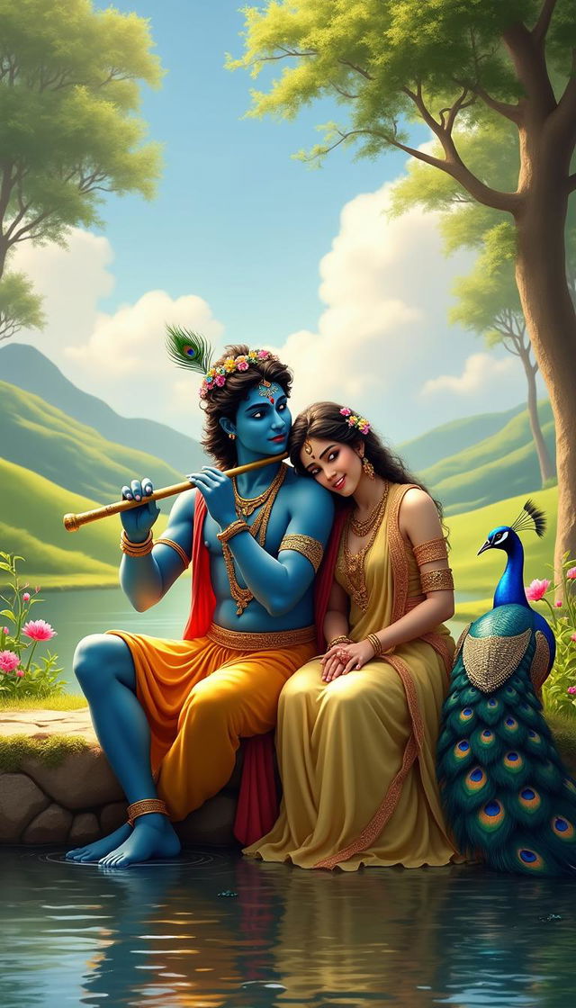 A mesmerizing digital painting of Lord Krishna and Radha sitting by a serene riverside, surrounded by lush greenery and blooming flowers