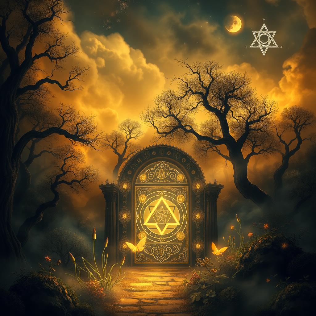 A book cover design featuring a fantastical, mysterious, and dark magical scene