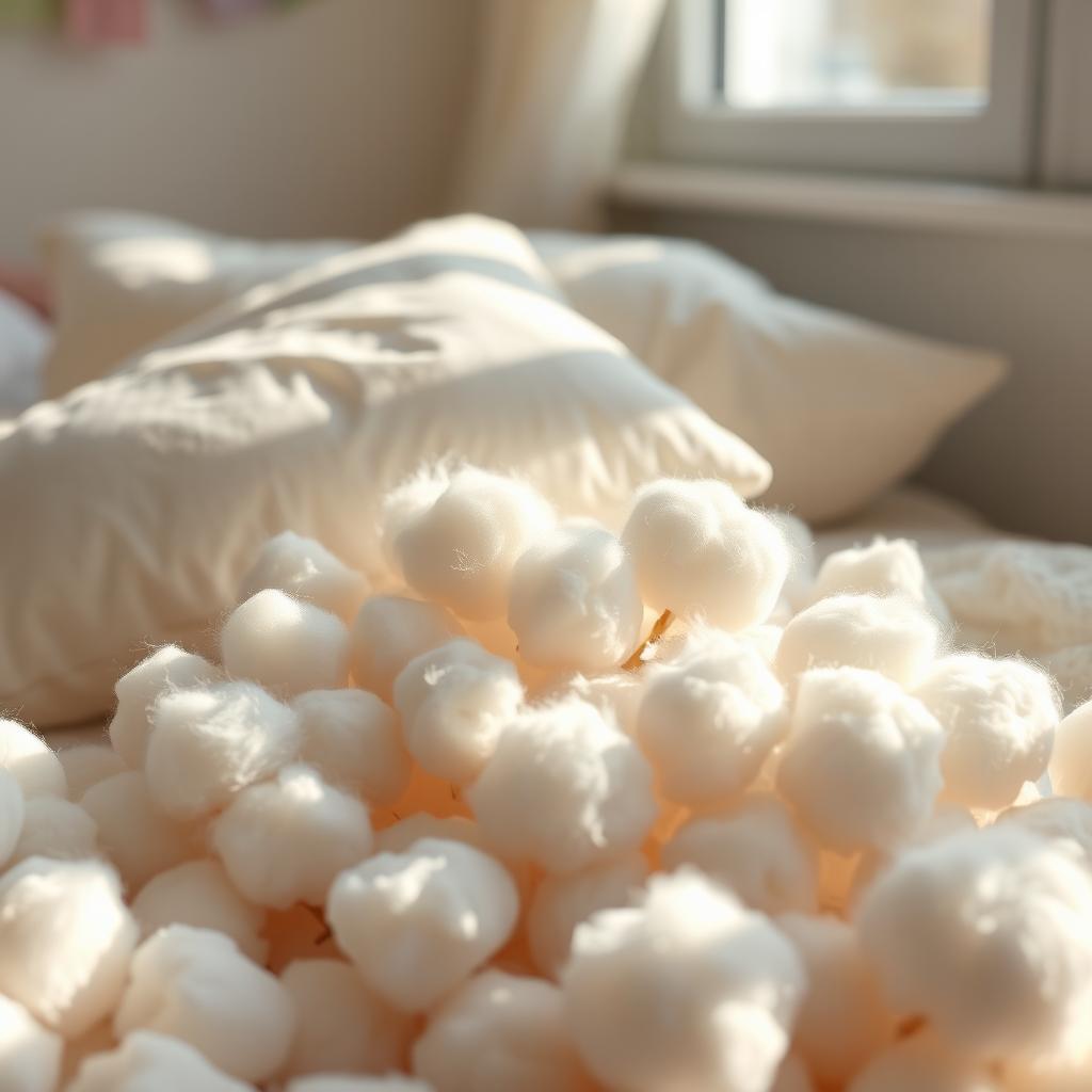 A soft and cozy scene featuring a pile of fluffy white cotton pillows and blankets, inviting comfort and warmth