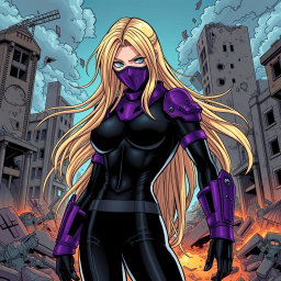 A striking female villain with long, dirty blonde hair that flows dramatically