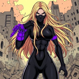 A striking female villain with long, dirty blonde hair that flows dramatically