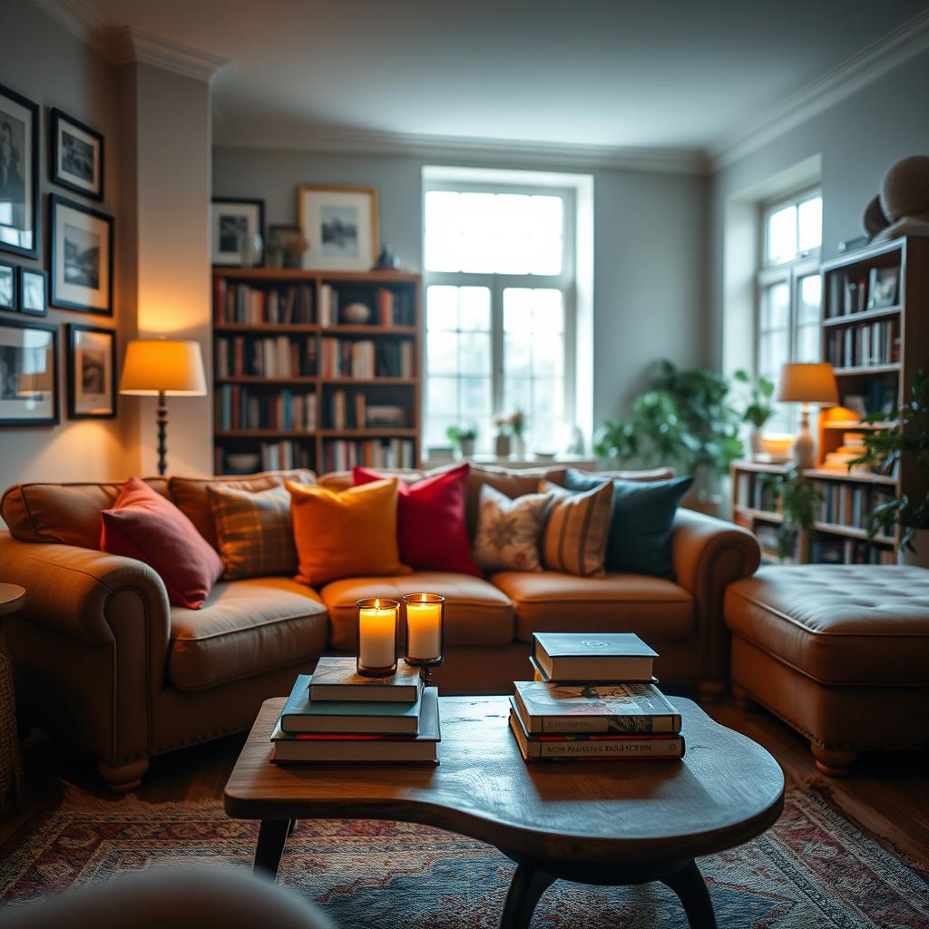 A cozy living room interior with warm lighting, featuring a plush couch with colorful throw pillows, a wooden coffee table adorned with some books and a scented candle