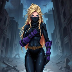 A female villain with long, dirty blonde hair styled dramatically, inspired by the character designs in My Hero Academia