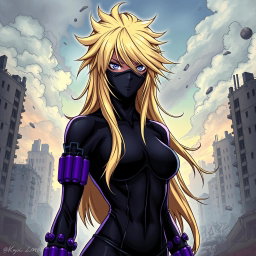 A female villain with long, dirty blonde hair styled dramatically, inspired by the character designs in My Hero Academia