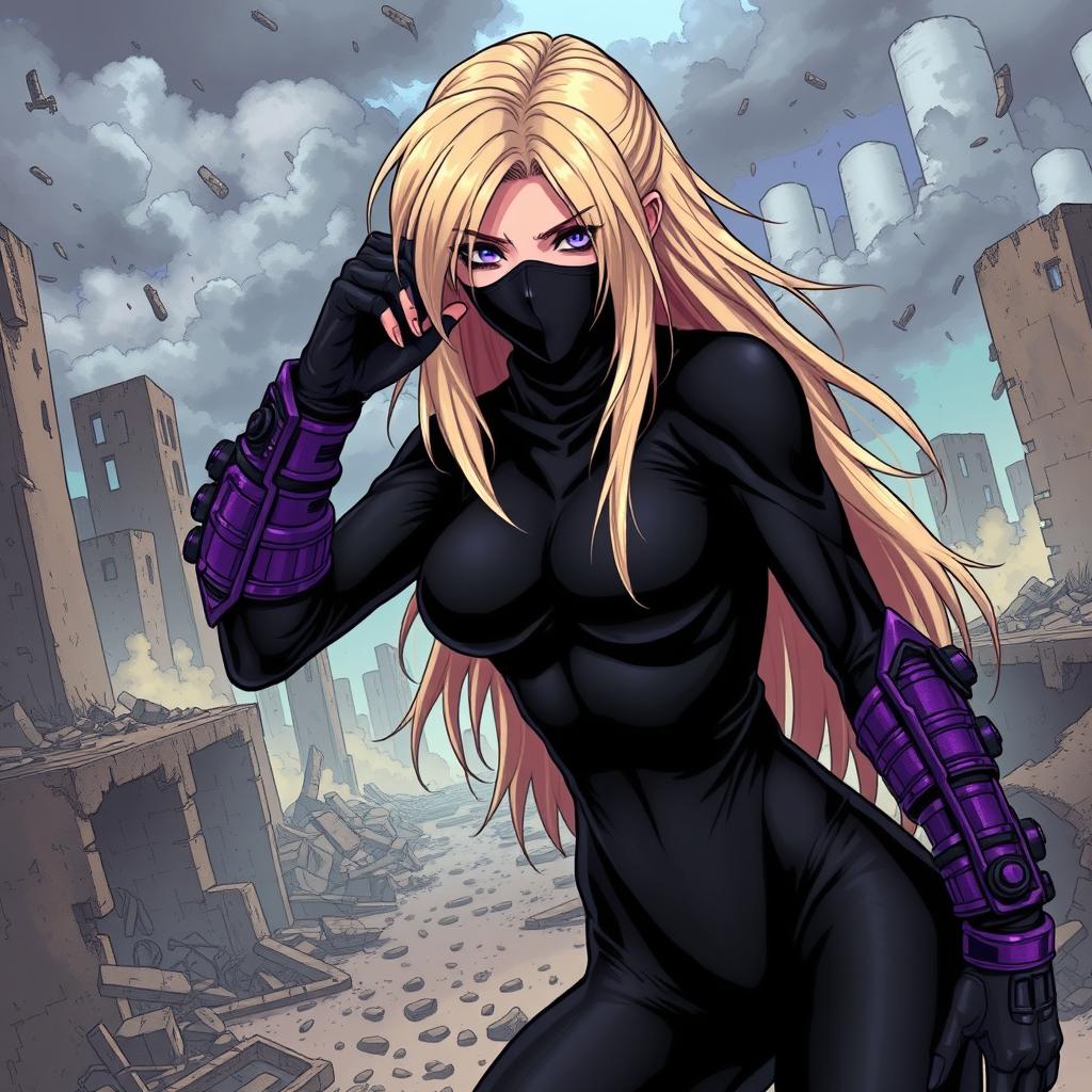 A female villain with long, dirty blonde hair styled dramatically, inspired by the character designs in My Hero Academia