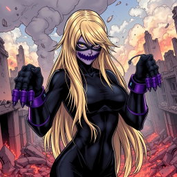 A female villain with long, dirty blonde hair styled dramatically, inspired by the character designs in My Hero Academia