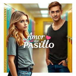 A movie poster for a romantic film titled 'Amor de Pasillo', featuring a blonde girl and a stereotypically handsome boy with striking green eyes