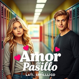 A movie poster for a romantic film titled 'Amor de Pasillo', featuring a blonde girl and a stereotypically handsome boy with striking green eyes