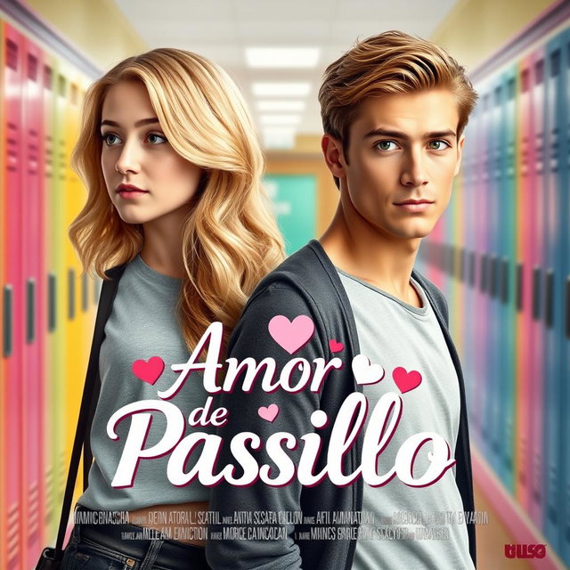 A movie poster for a romantic film titled 'Amor de Pasillo', featuring a blonde girl and a stereotypically handsome boy with striking green eyes