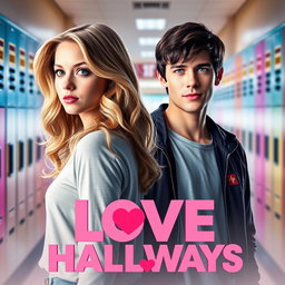 A movie poster for a romantic film titled 'Love in the Hallways', showcasing a blonde girl and a stereotypically handsome boy with striking green eyes
