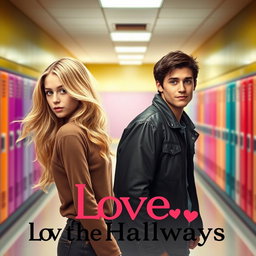 A movie poster for a romantic film titled 'Love in the Hallways', showcasing a blonde girl and a stereotypically handsome boy with striking green eyes