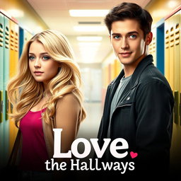 A movie poster for a romantic film titled 'Love in the Hallways', showcasing a blonde girl and a stereotypically handsome boy with striking green eyes