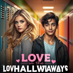 A movie poster for a romantic film titled 'Love in the Hallways', showcasing a blonde girl and a stereotypically handsome boy with striking green eyes