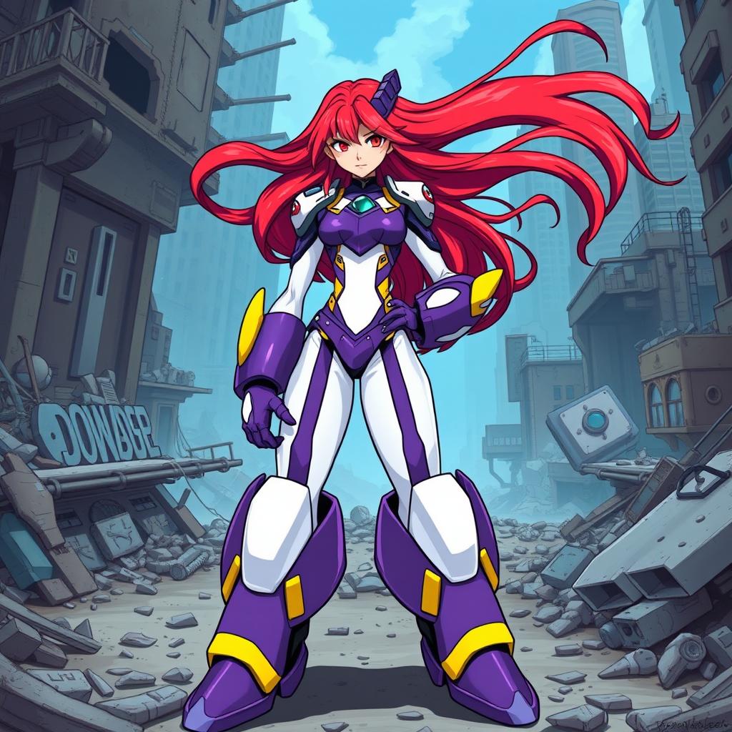 A teenage android character with striking long crimson hair that flows dramatically, exuding a fierce look that captures attention