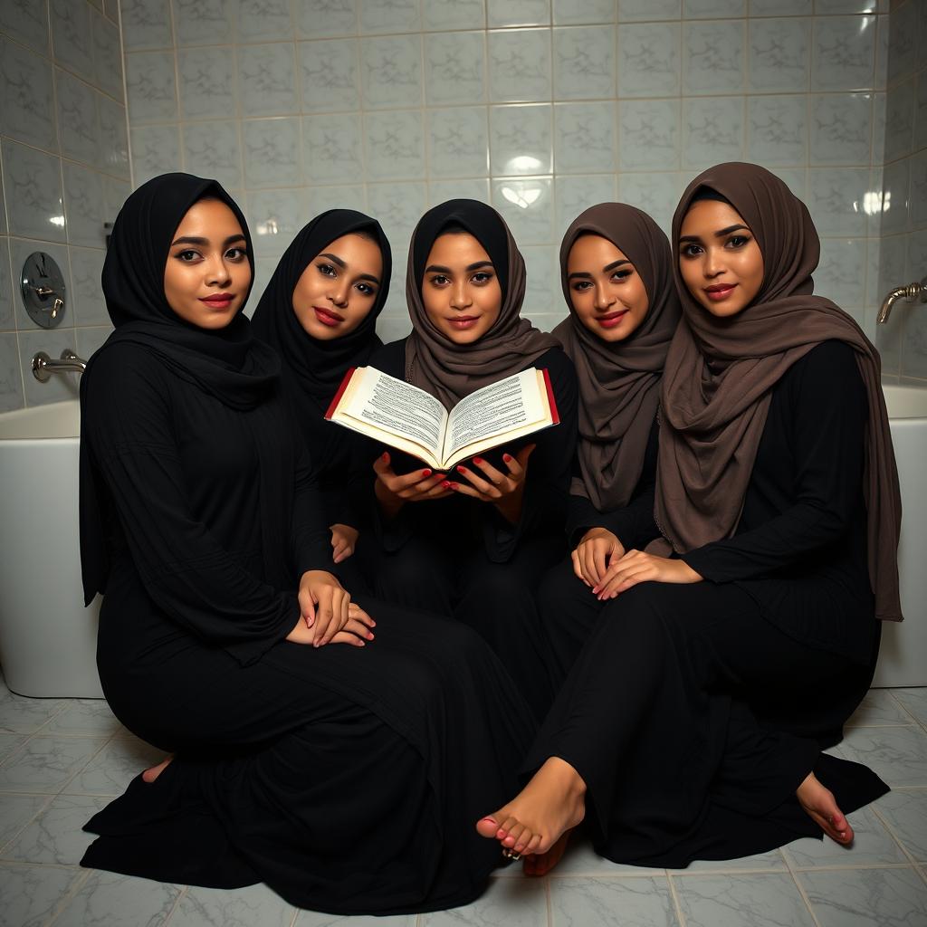 A scene depicting several beautiful Muslim women, around 33 years old, of Arab-Indonesian descent, featuring lovely dimples on their faces