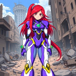 A teenage android with striking long crimson hair that cascades around her shoulders, presenting a fierce and determined expression