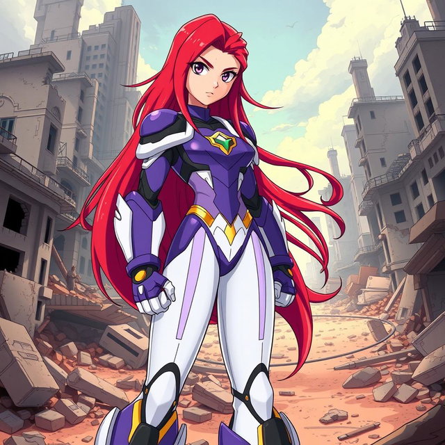 A teenage android with striking long crimson hair that cascades around her shoulders, presenting a fierce and determined expression